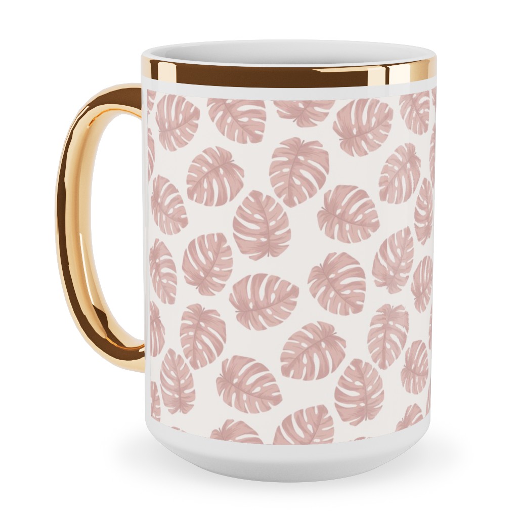 Boho Monstera Leaf - Light Pink on Off White Ceramic Mug, Gold Handle, , 15oz, Pink, Bright Pink