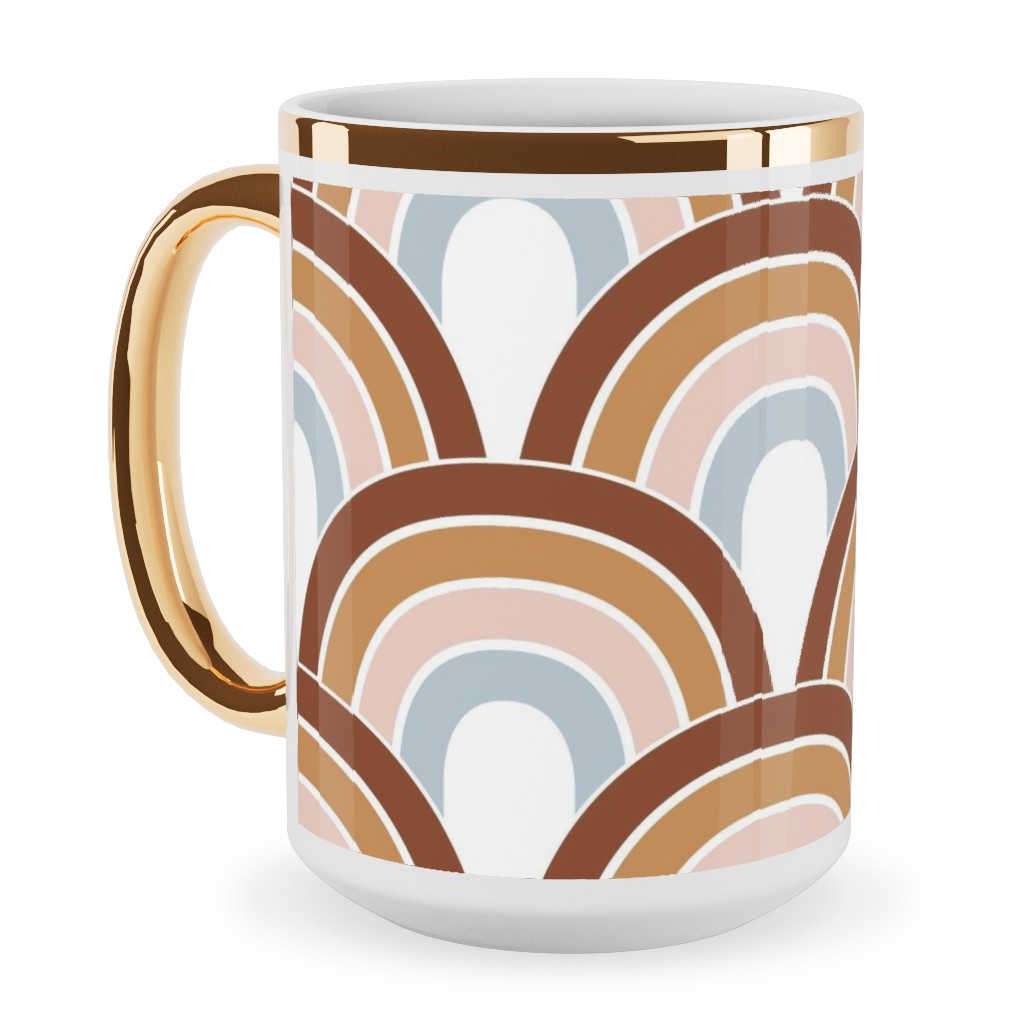 Retro Rainbow Waves - Scales and Curves - Rust Beige Blush Blue on White Ceramic Mug, Gold Handle, , 15oz, Orange, Orange