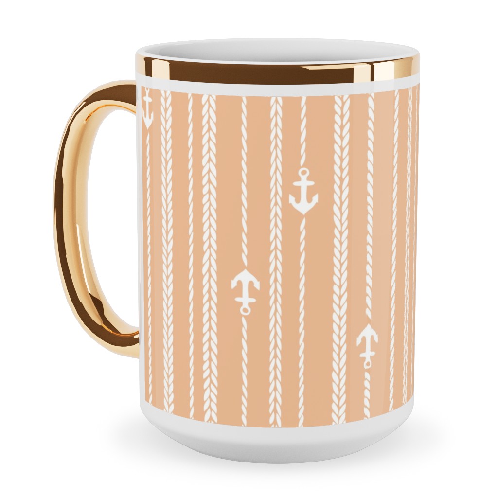 Ropes and Anchors - Orange and White Ceramic Mug, Gold Handle,  , 15oz, Orange