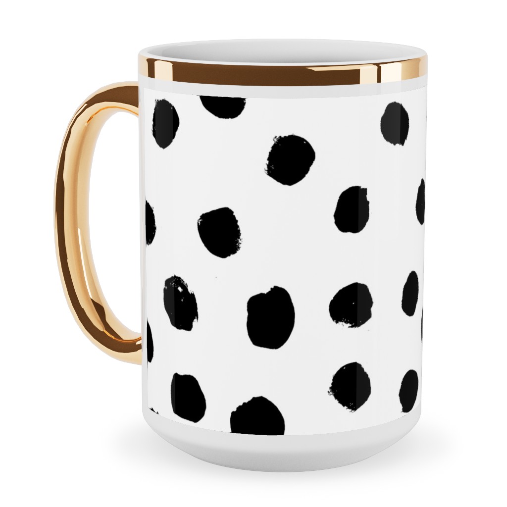 Soft Painted Dots Ceramic Mug, Gold Handle, , 15oz, White, Black