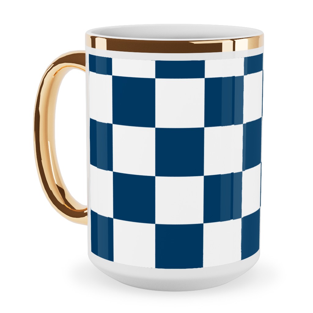 Wonderland Checkerboard - Lonely Angel Blue & White Ceramic Mug, Gold Handle, , 15oz, Blue, True Blue