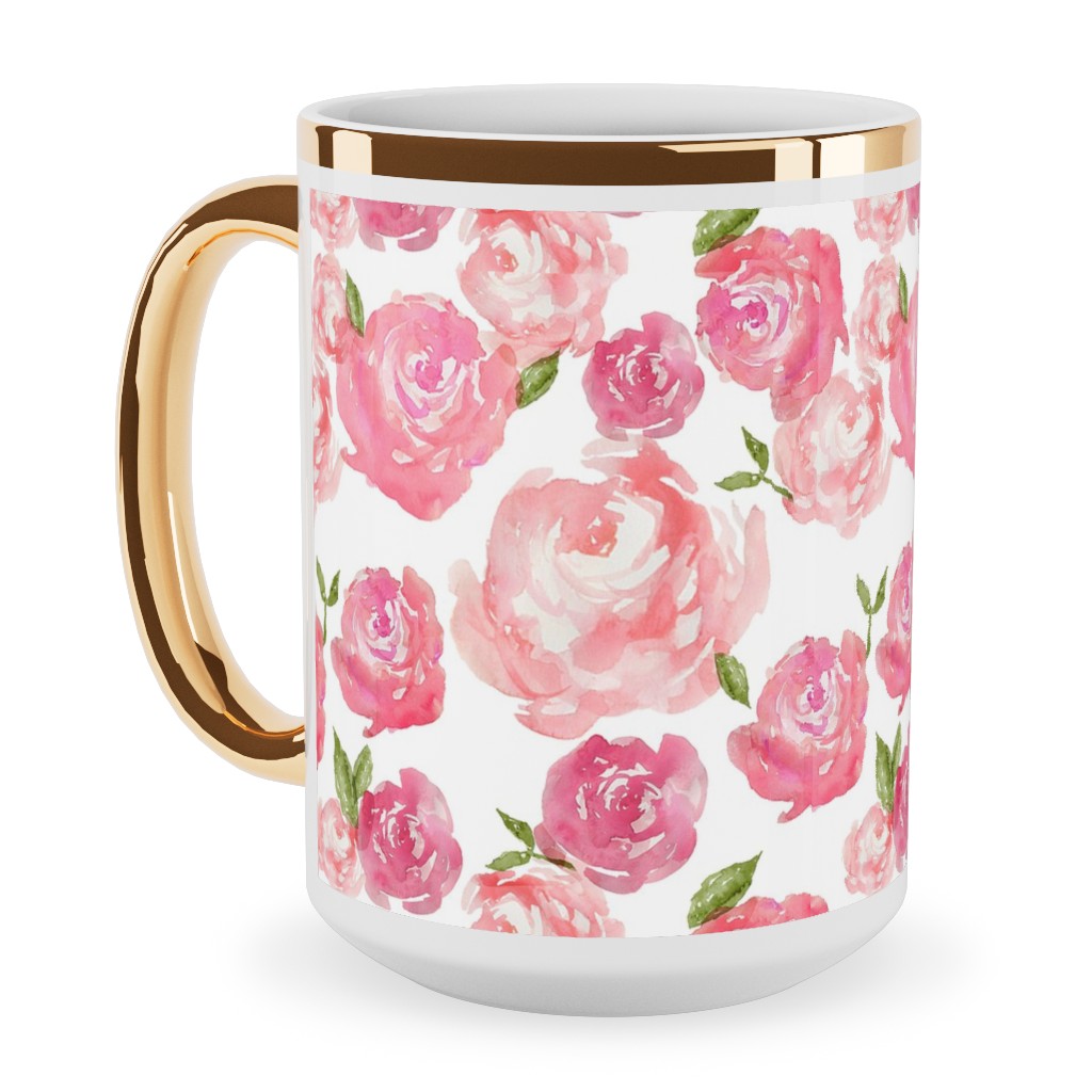 Watercolor Floral - Pink Ceramic Mug, Gold Handle, , 15oz, Pink, Bright Pink