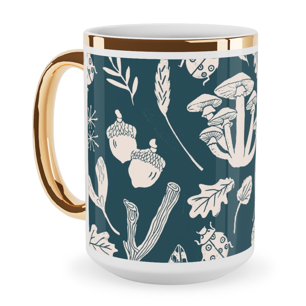 Nature Walk in Autumn - Blue and Cream Ceramic Mug, Gold Handle, , 15oz, Blue, True Blue