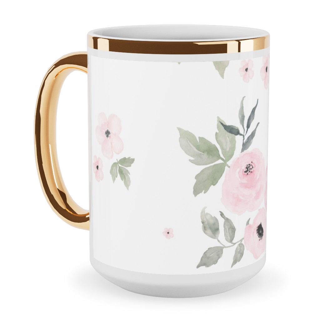Sweet Blush Roses - Pink Ceramic Mug, Gold Handle, , 15oz, Pink, Bright Pink