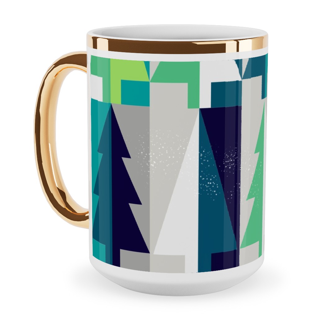 Winter Pine Tree Forest - Green Ceramic Mug, Gold Handle, , 15oz, Green, Classic Green