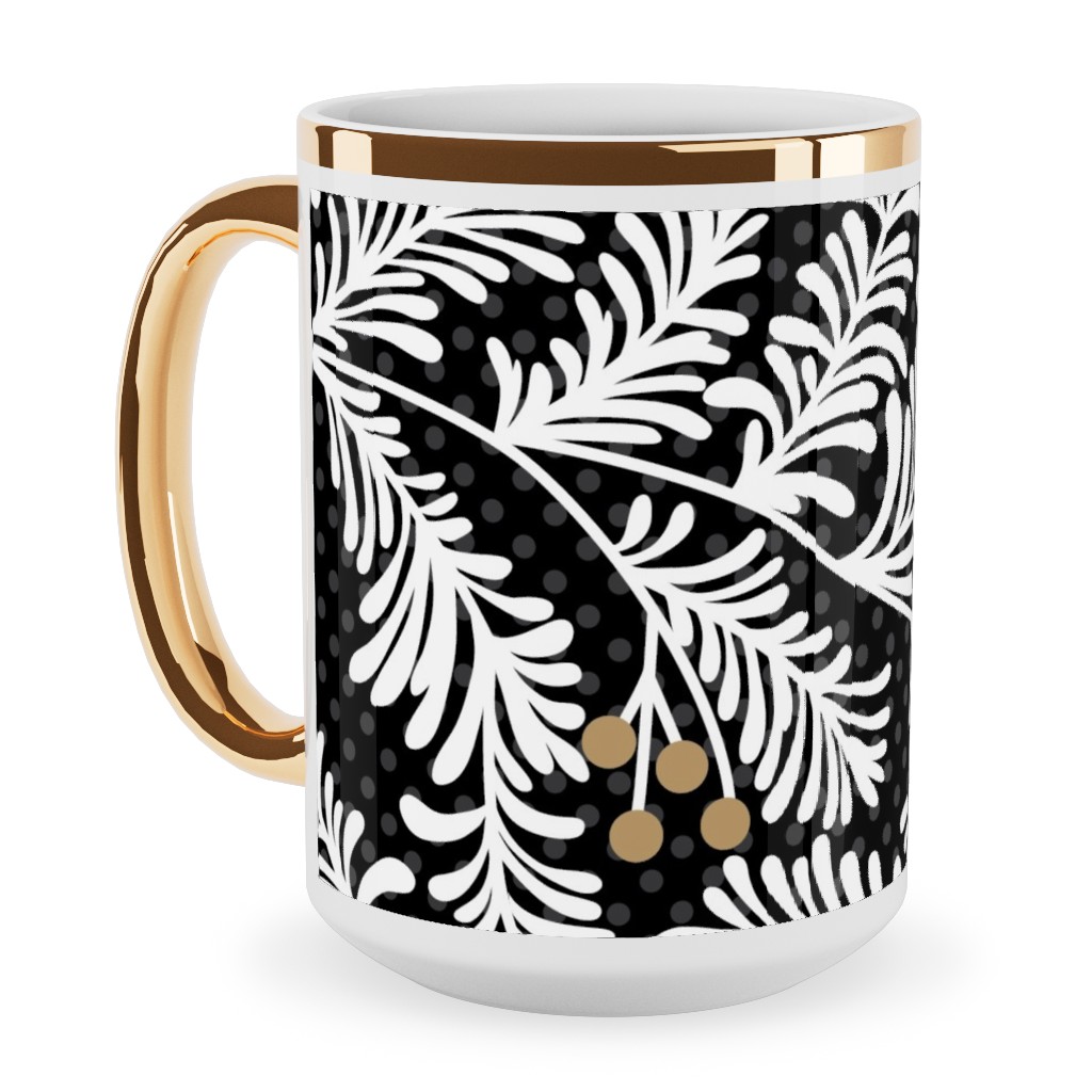 Winter Branches Ceramic Mug, Gold Handle, , 15oz, Black, Charcoal