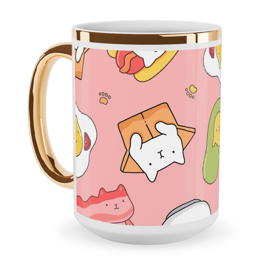 Cats and Foods Ceramic Mug, Gold Handle,  , 15oz, Pink