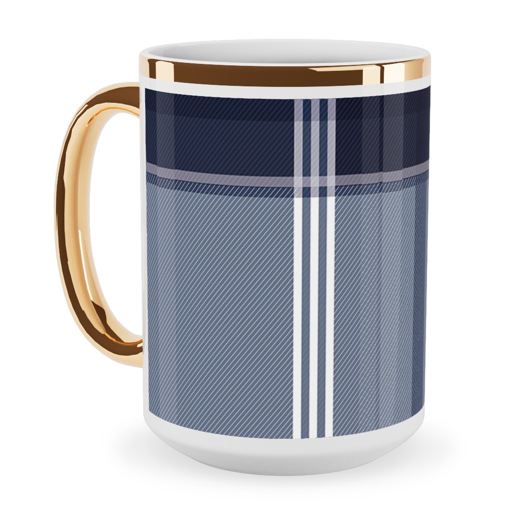 Navy Blue Plaid Ceramic Mug, Gold Handle, , 15oz, Blue, True Blue