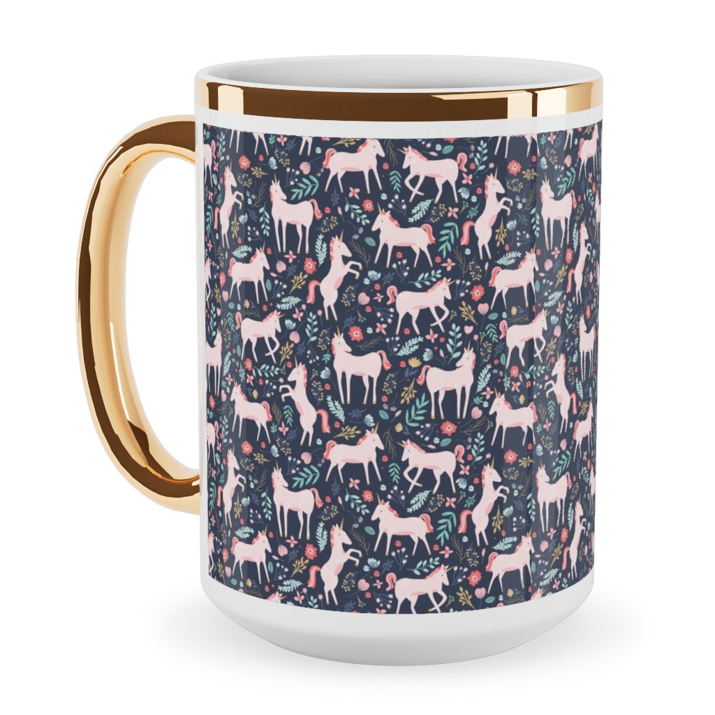 Pink Unicorn Fields - Dark Ceramic Mug, Gold Handle, , 15oz, Multicolor