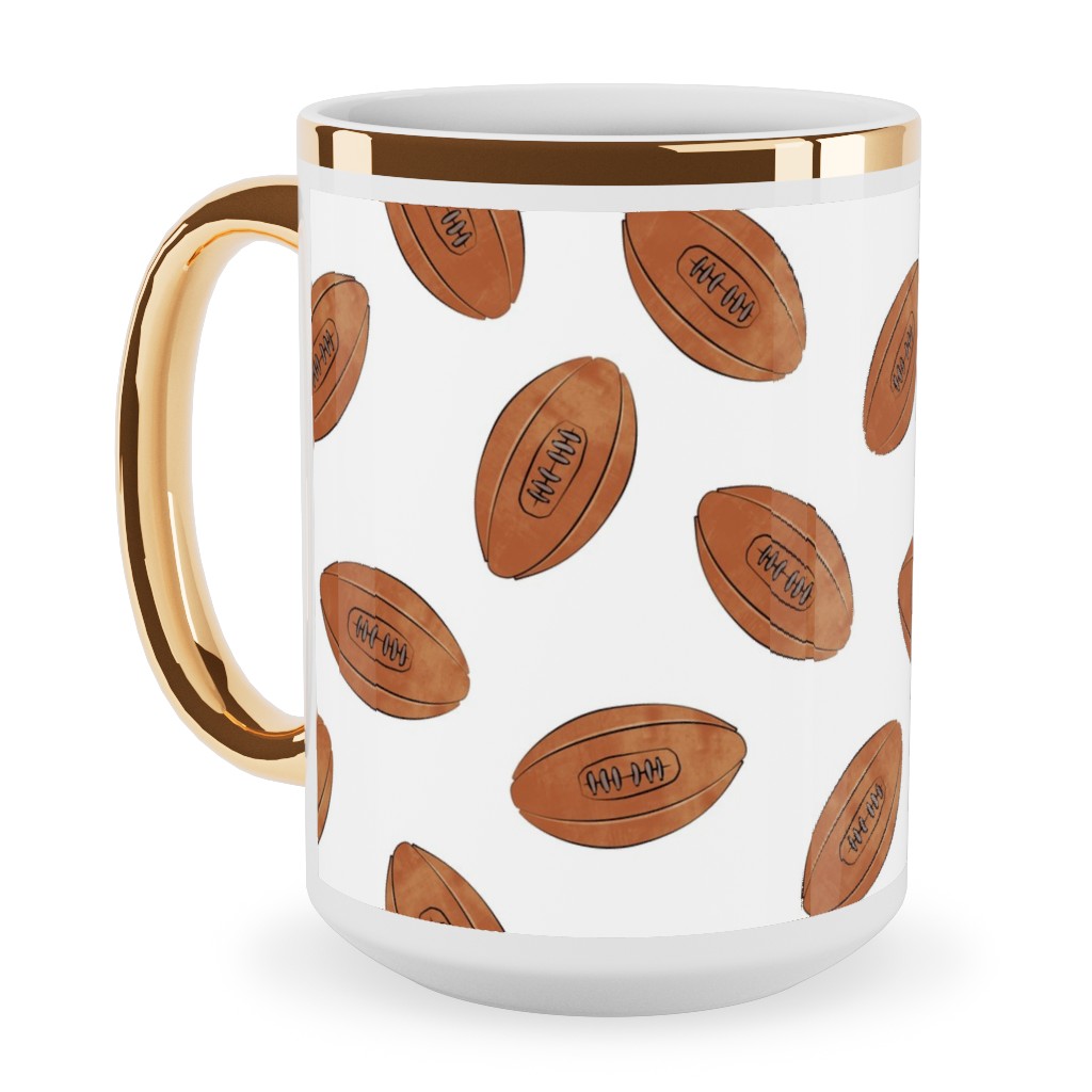 Vintage Football Ceramic Mug, Gold Handle, , 15oz, Brown, White