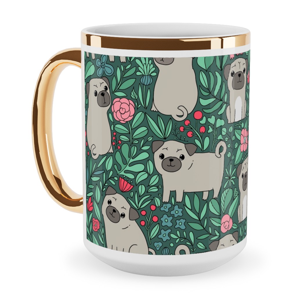 Cute Pugs and Flowers - Multicolor Ceramic Mug, Gold Handle, , 15oz, Green, Classic Green