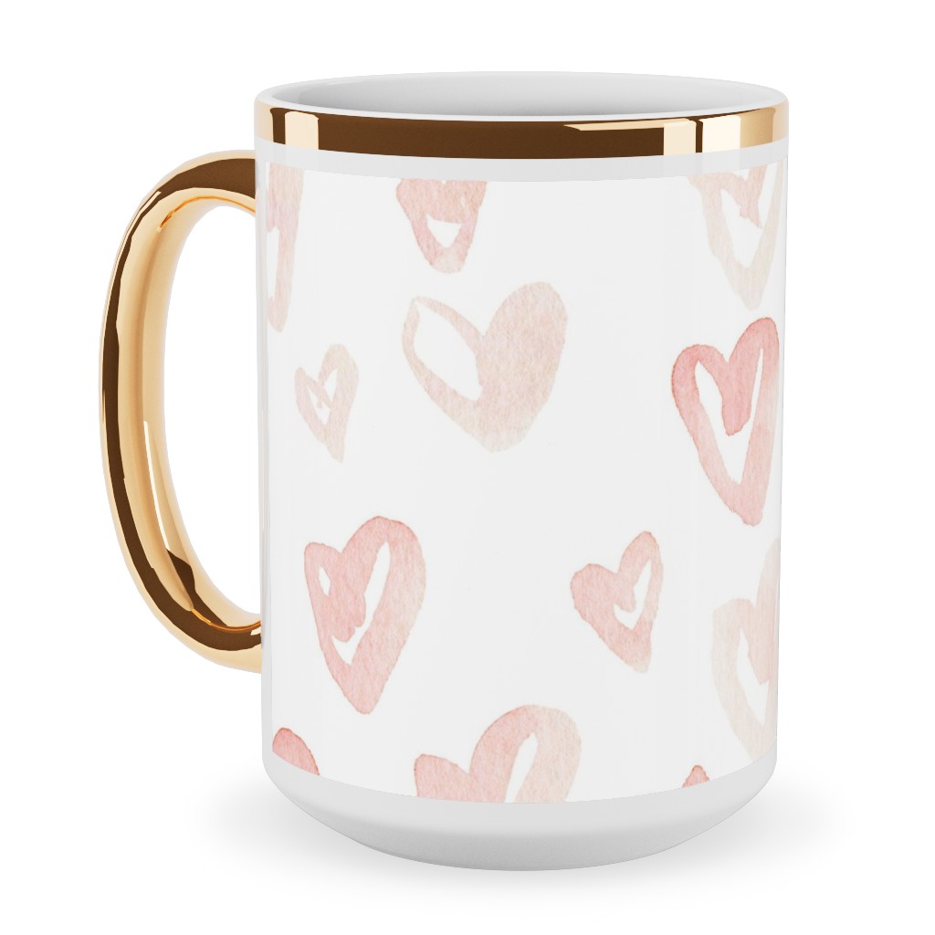 Pale Pink Hearts - Pink Ceramic Mug, Gold Handle,  , 15oz, Pink