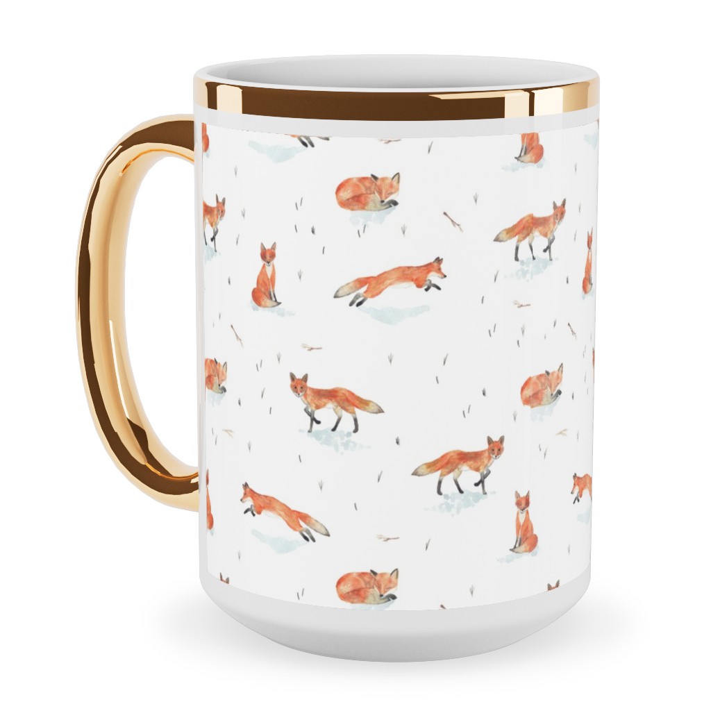 Winter Fox - White Ceramic Mug, Gold Handle, , 15oz, Orange, Orange