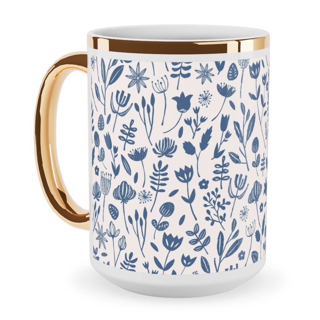 Folk Botanical Print - Blue Ceramic Mug, Gold Handle, , 15oz, Blue, True Blue