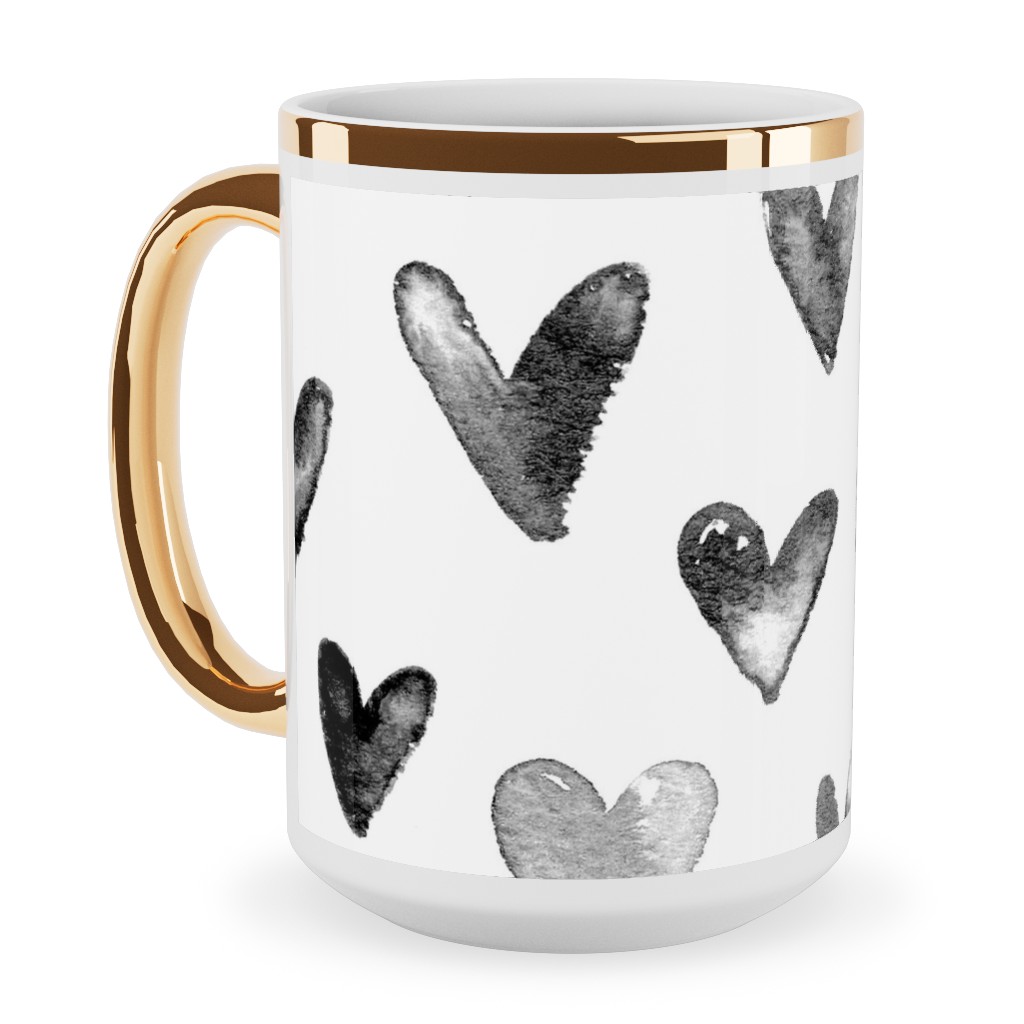 Watercolor Hearts - Black and White Ceramic Mug, Gold Handle,  , 15oz, Black