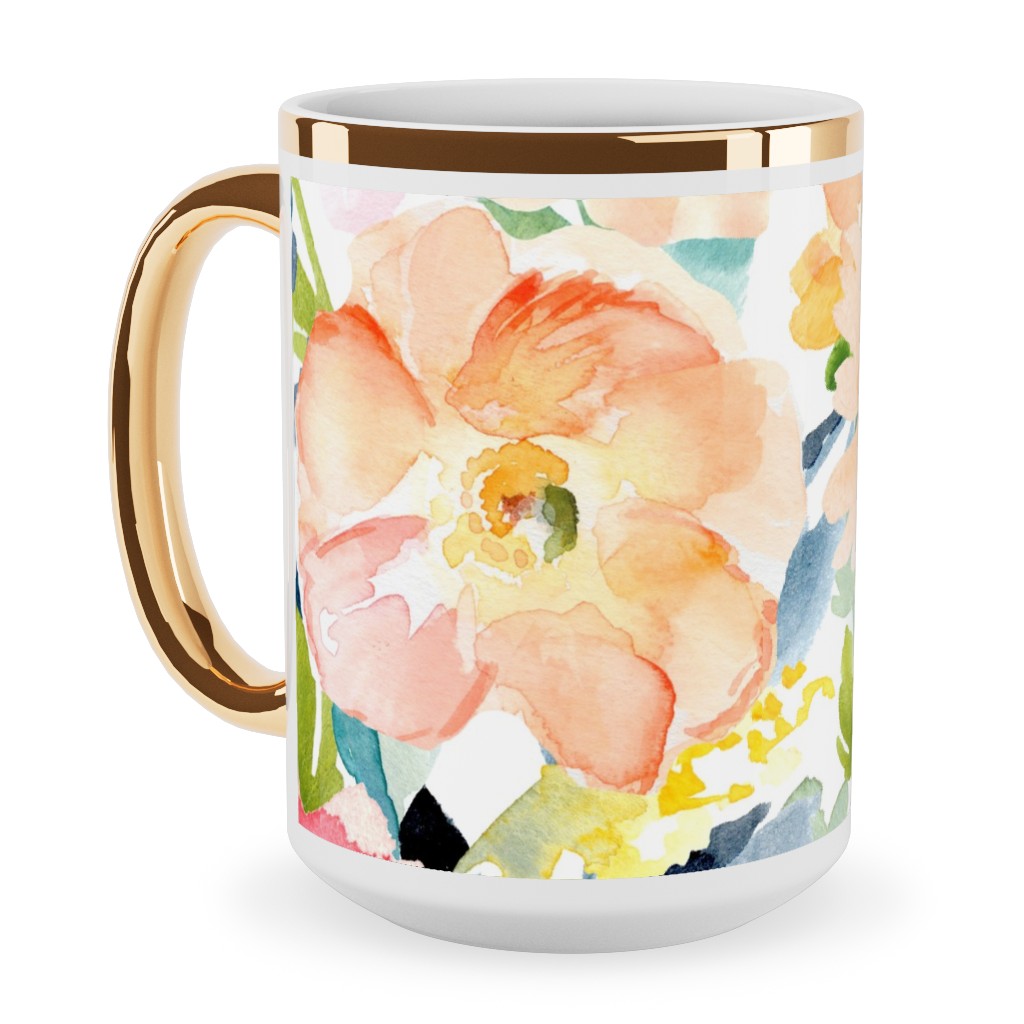 Floral Love Print Ceramic Mug, Gold Handle, , 15oz, Multicolor