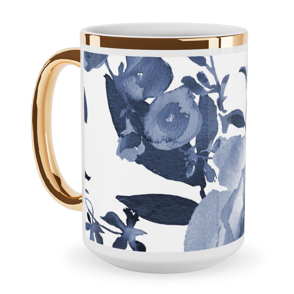 Blue and White Florals - Indigo Ceramic Mug, Gold Handle, , 15oz, Blue, True Blue