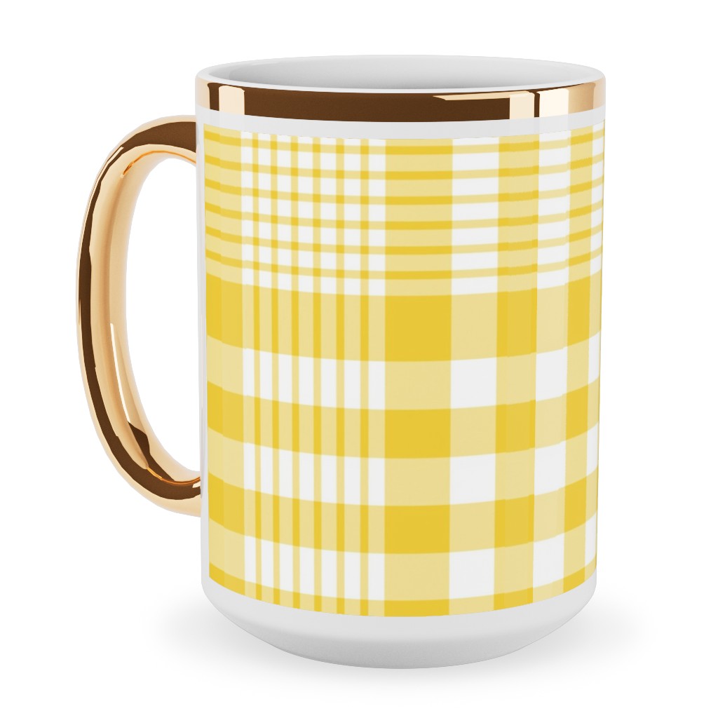 Plaid Pattern Ceramic Mug, Gold Handle, , 15oz, Yellow, Sunshine