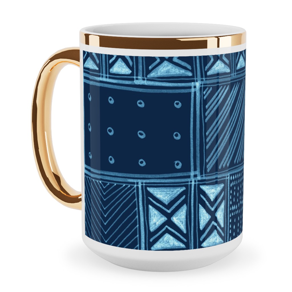 African Tribal Mud Cloth - Indigo Ceramic Mug, Gold Handle,  , 15oz, Blue