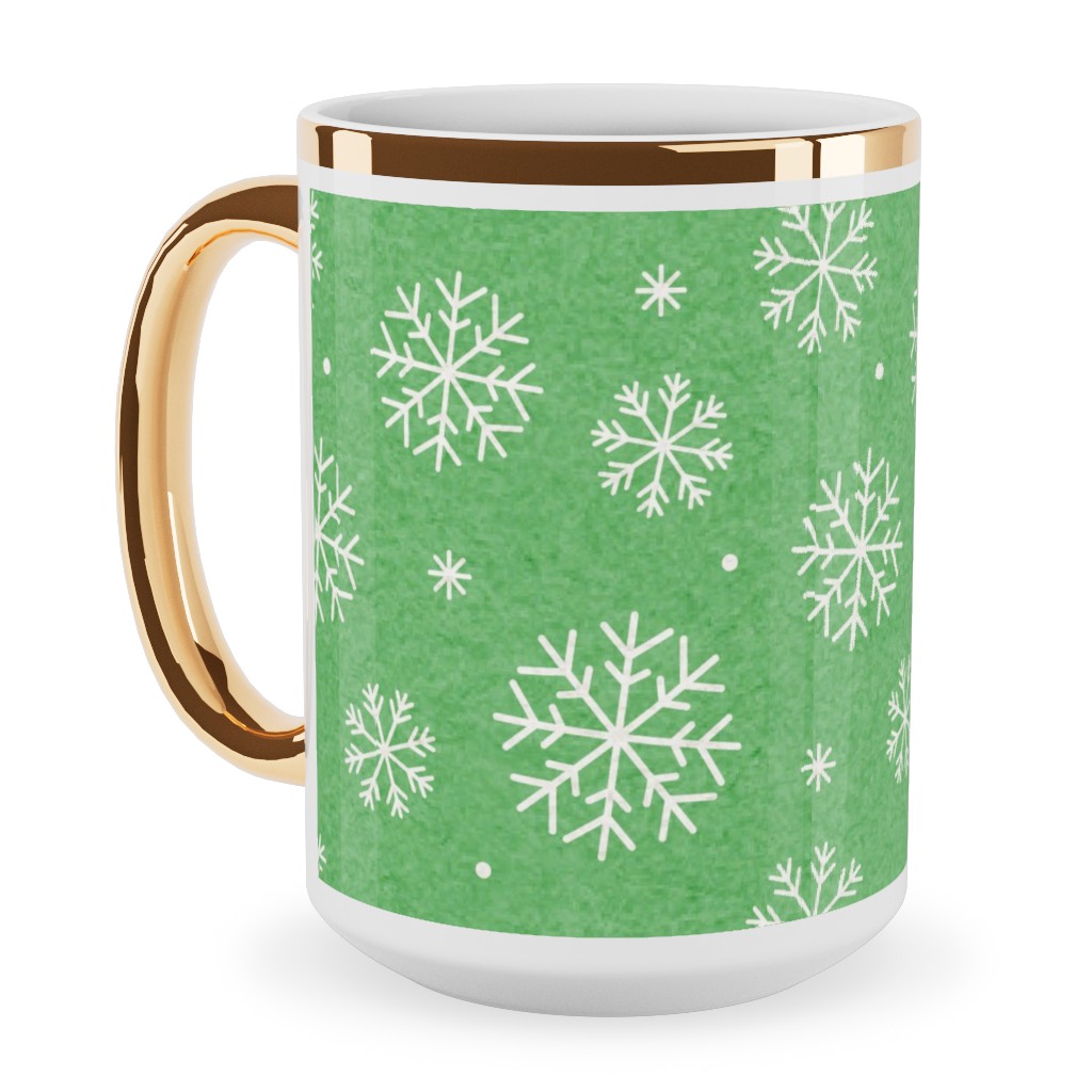 Snowflakes on Mottled Green Ceramic Mug, Gold Handle, , 15oz, Green, Classic Green
