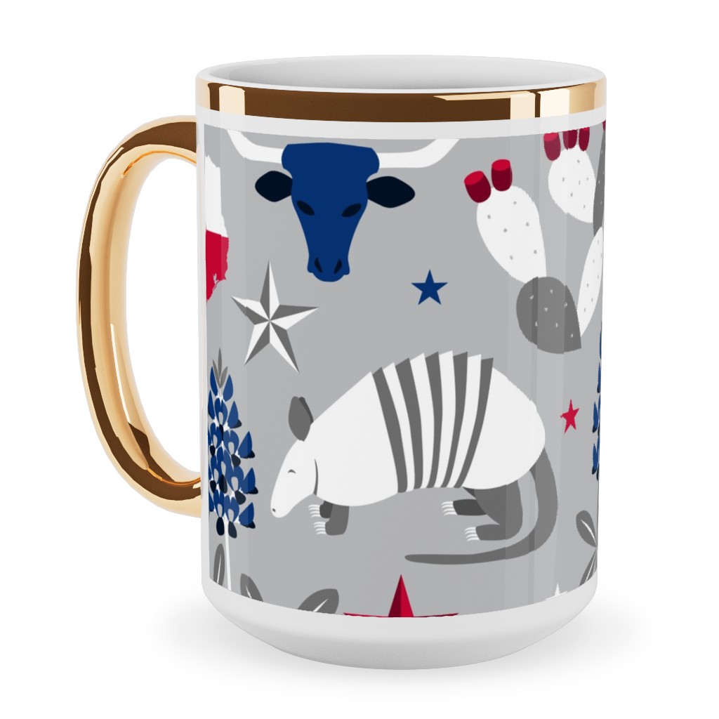 Texas State Symbols - Silver Ceramic Mug, Gold Handle,  , 15oz, Multicolor