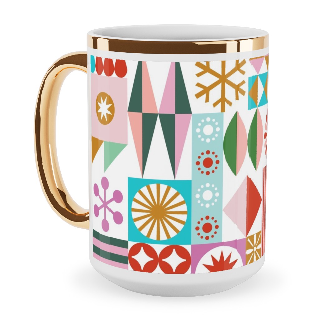 Santa's Workshop Geometric Stars Snowflakes Grid Holiday Stripes - Multi Ceramic Mug, Gold Handle,  , 15oz, Multicolor