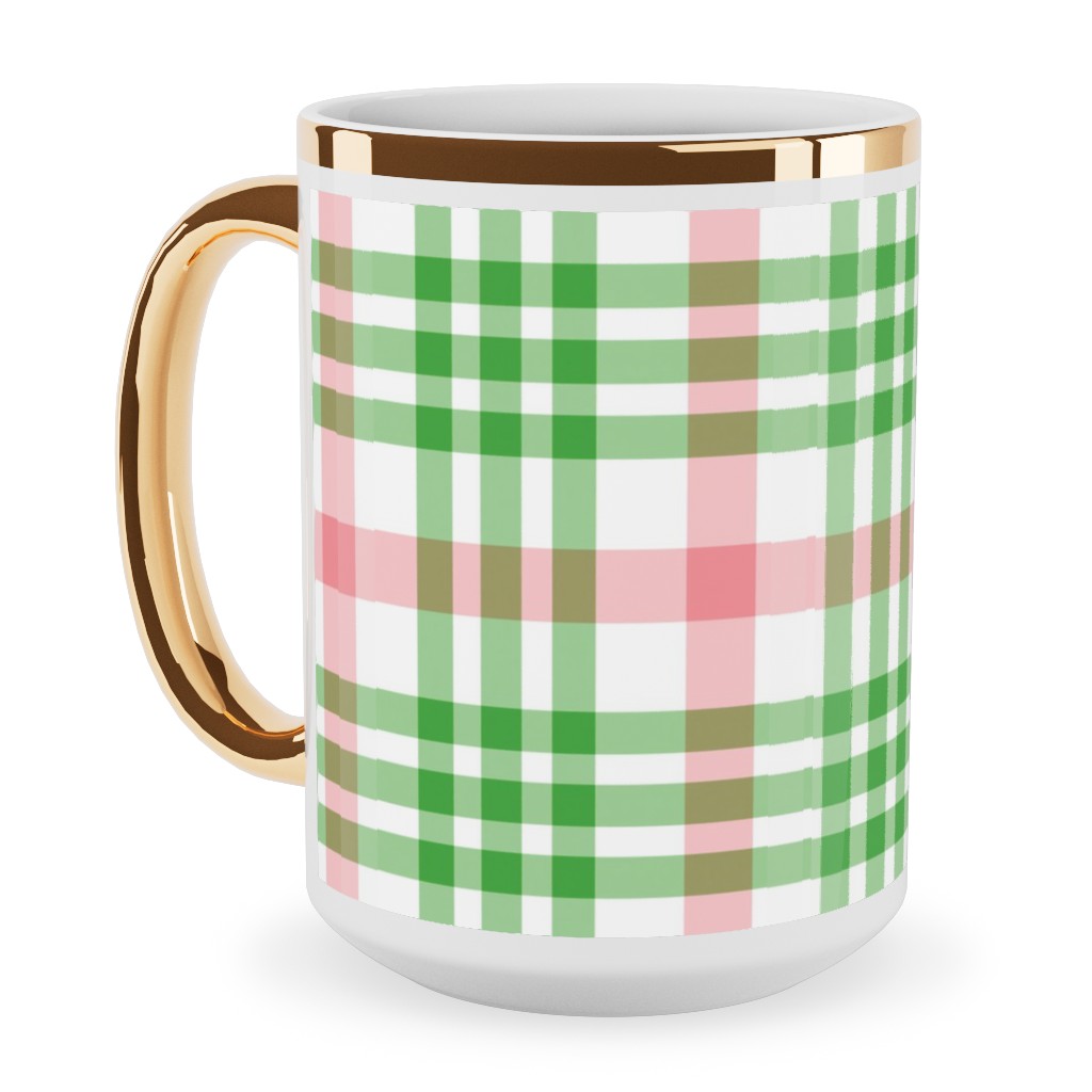 Pink, Green, and White Plaid Ceramic Mug, Gold Handle, , 15oz, Green, Classic Green