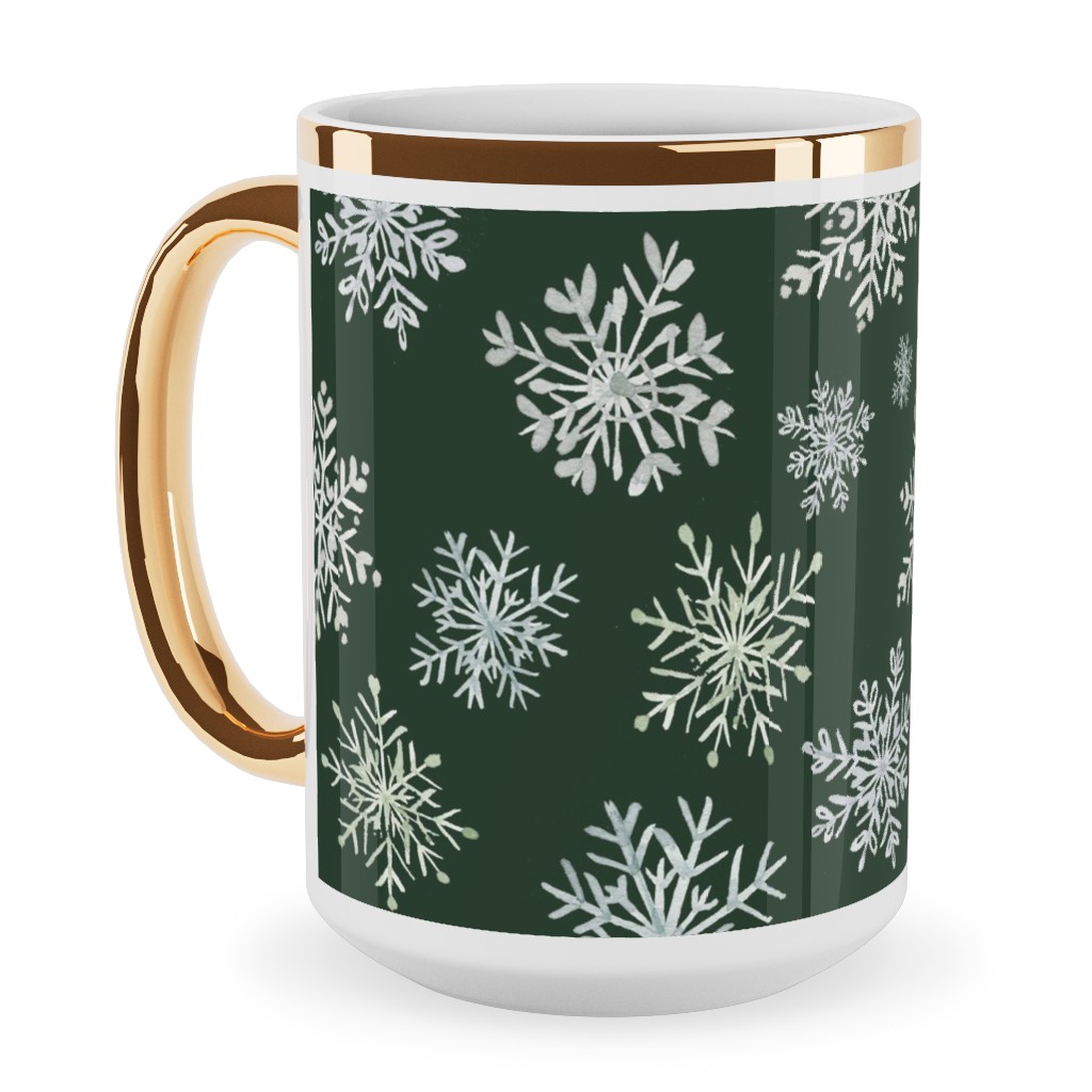 Lace Snowflakes on Hunter Green Ceramic Mug, Gold Handle, , 15oz, Green, Classic Green