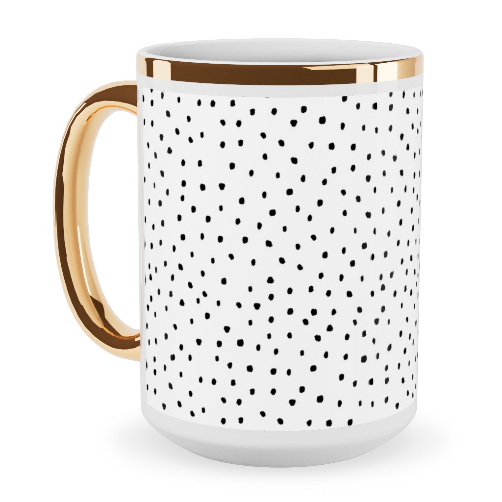 Tiny Dot - Black + White Ceramic Mug, Gold Handle, , 15oz, White, White