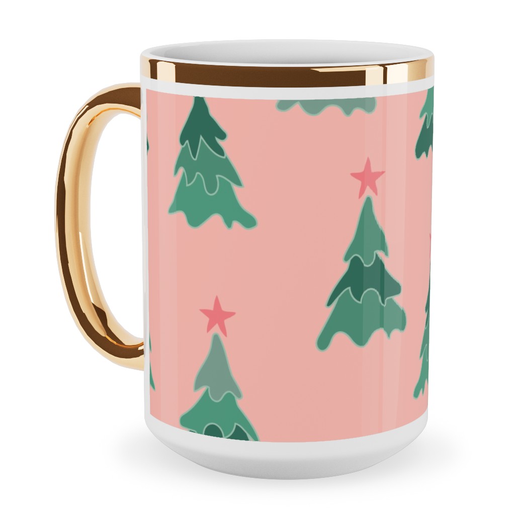 Modern Christmas Trees Ceramic Mug, Gold Handle, , 15oz, Pink, Bright Pink