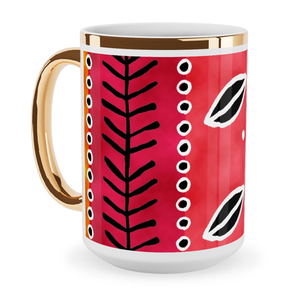 Ribbons Ceramic Mug, Gold Handle, , 15oz, Red, Red