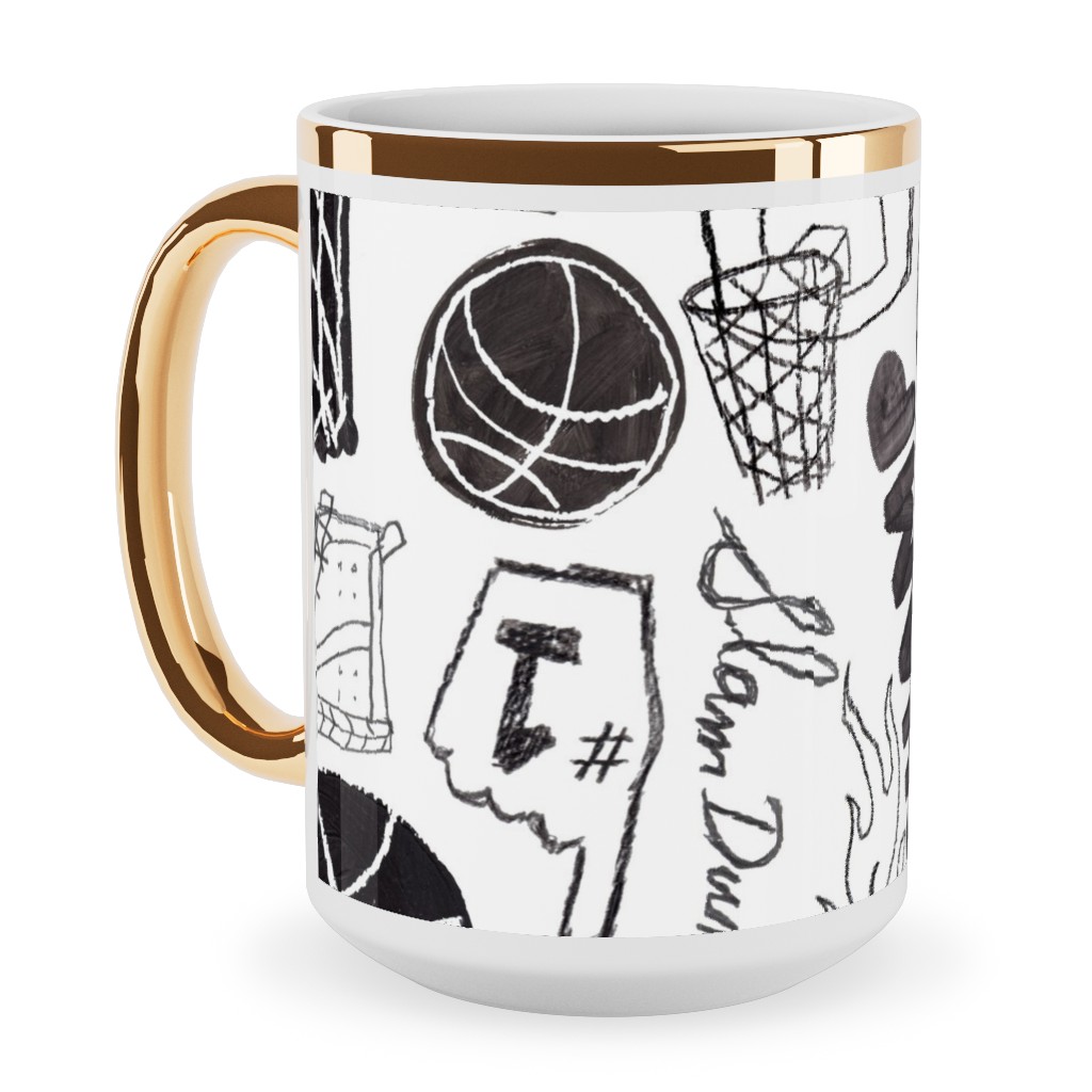 Basketball - Black and White Ceramic Mug, Gold Handle, , 15oz, White, White