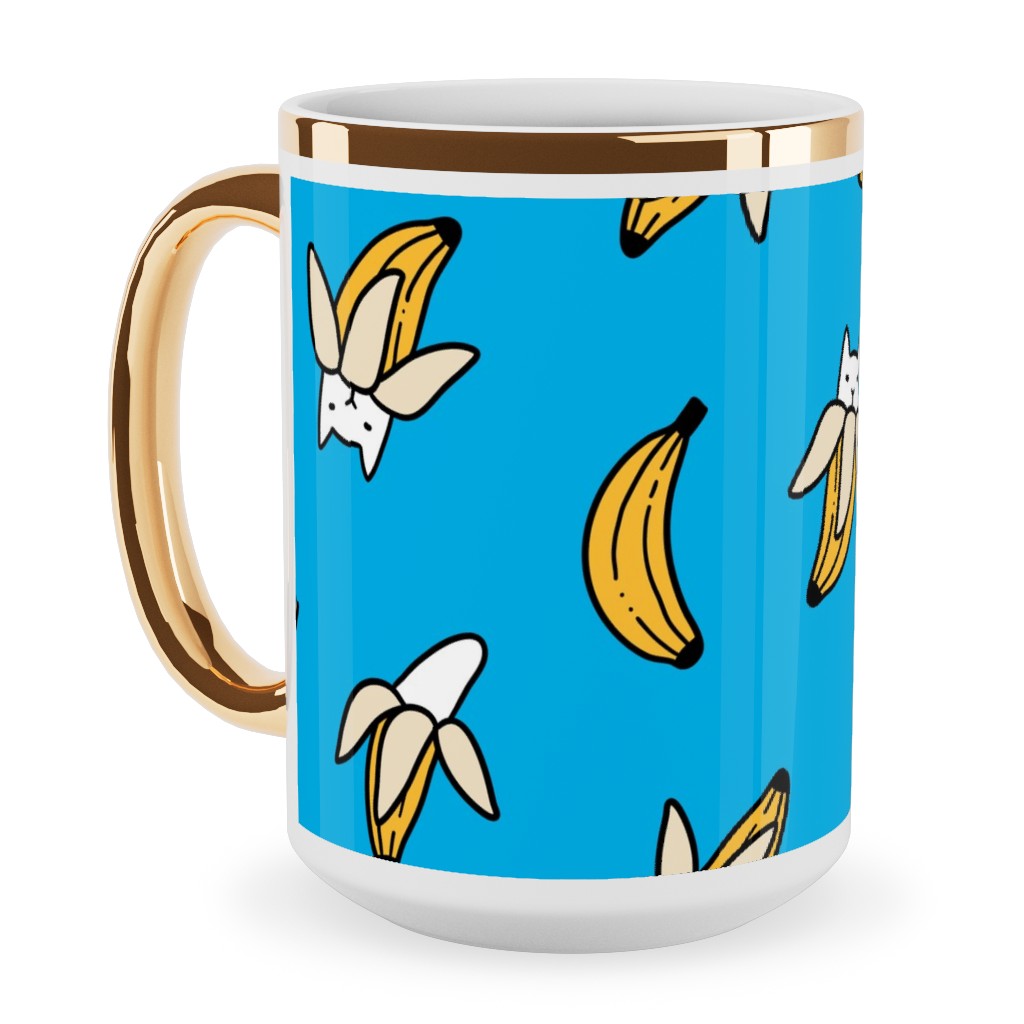 Funny Yummy Banana Cats - Blue Ceramic Mug, Gold Handle,  , 15oz, Blue