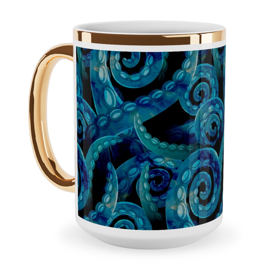 Octopus Watercolor - Blue Ceramic Mug, Gold Handle,  , 15oz, Blue