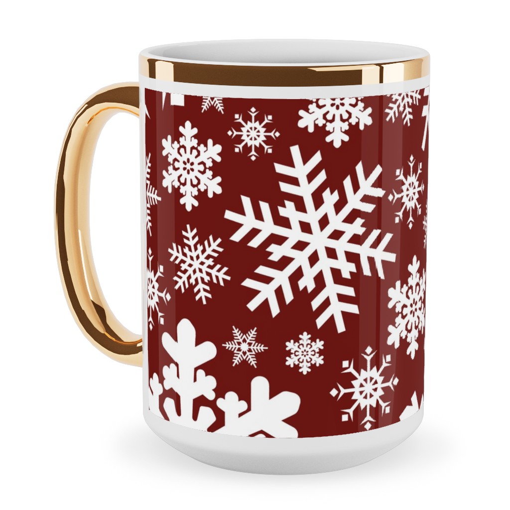 Christmas White Snowflakes on Red Background Ceramic Mug, Gold Handle,  , 15oz, Red