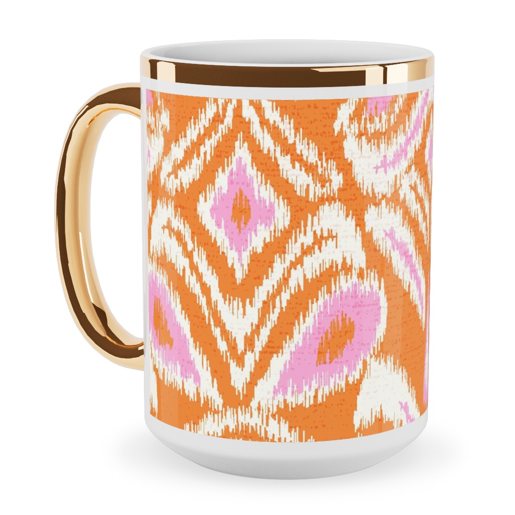 Ikat Flower - Orange and Pink Ceramic Mug, Gold Handle,  , 15oz, Orange