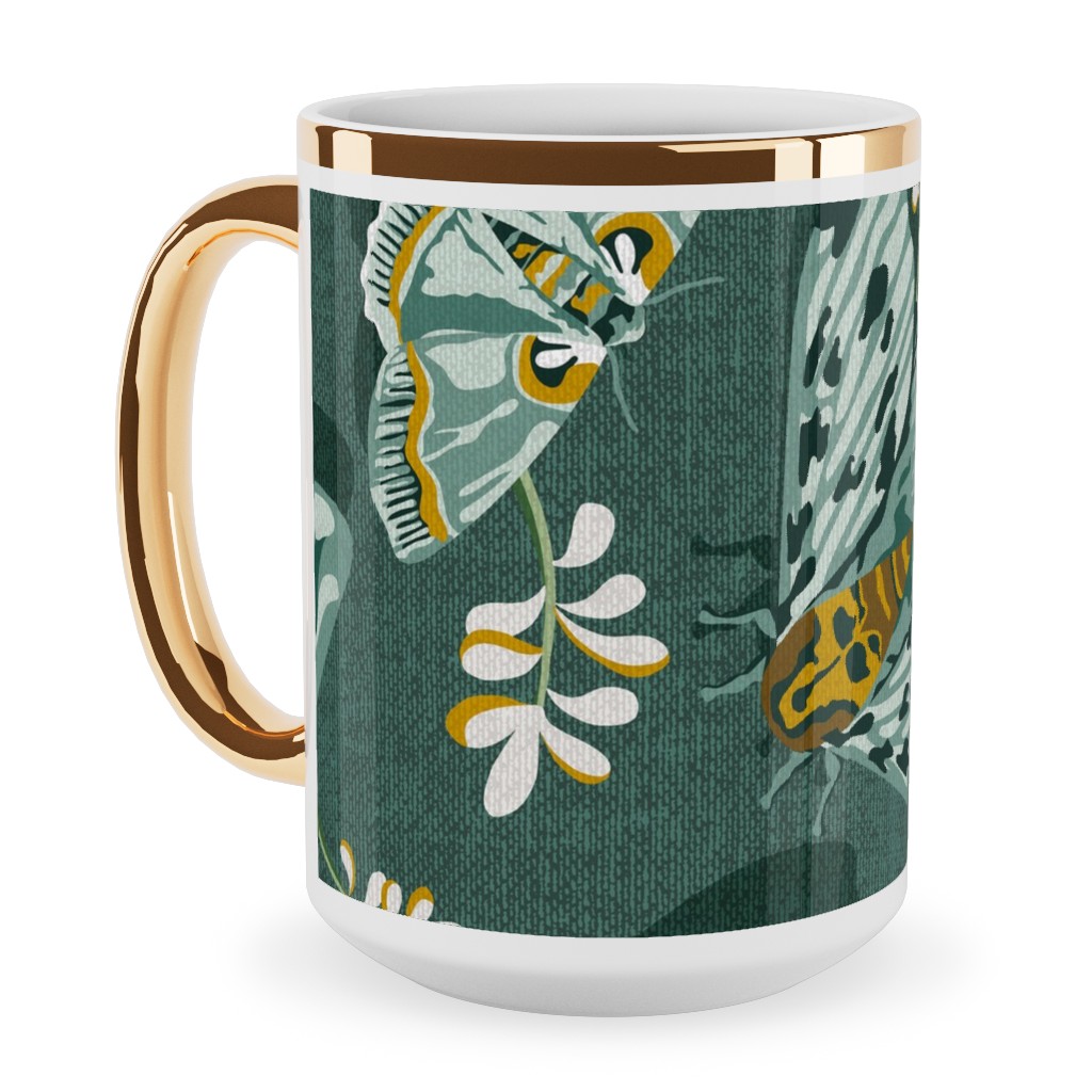 Gathering Moths - Green Ceramic Mug, Gold Handle, , 15oz, Green, Classic Green