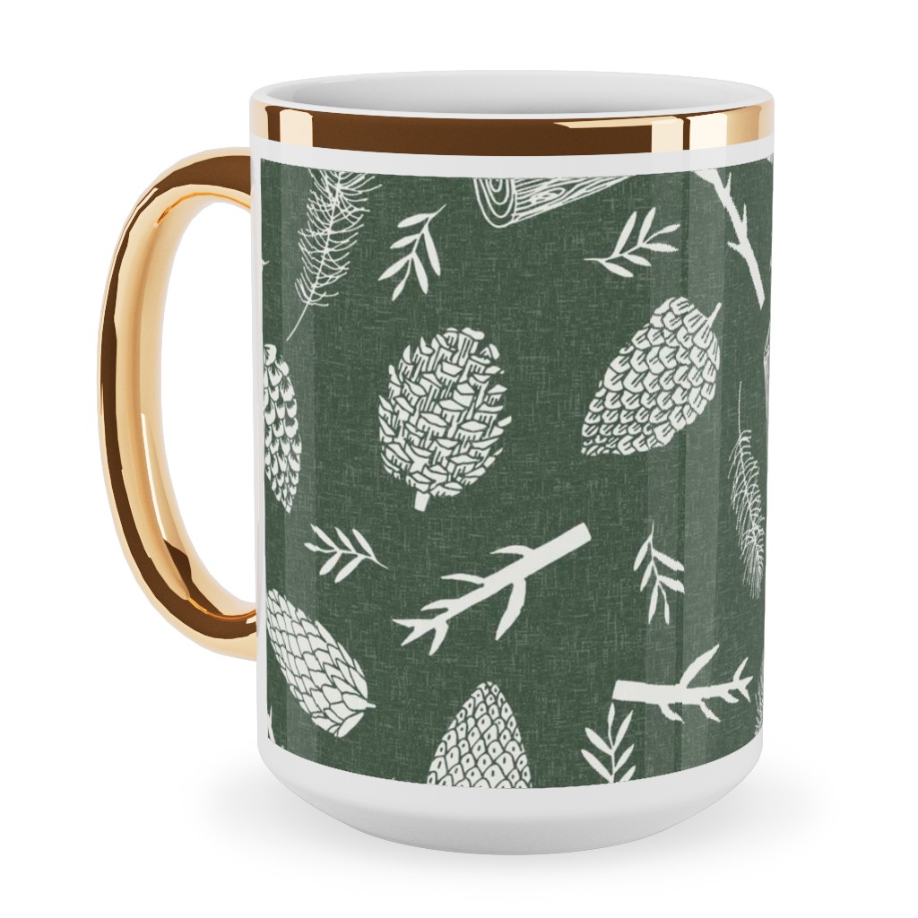 Pinecones - Hunter Green Ceramic Mug, Gold Handle, , 15oz, Green, Classic Green