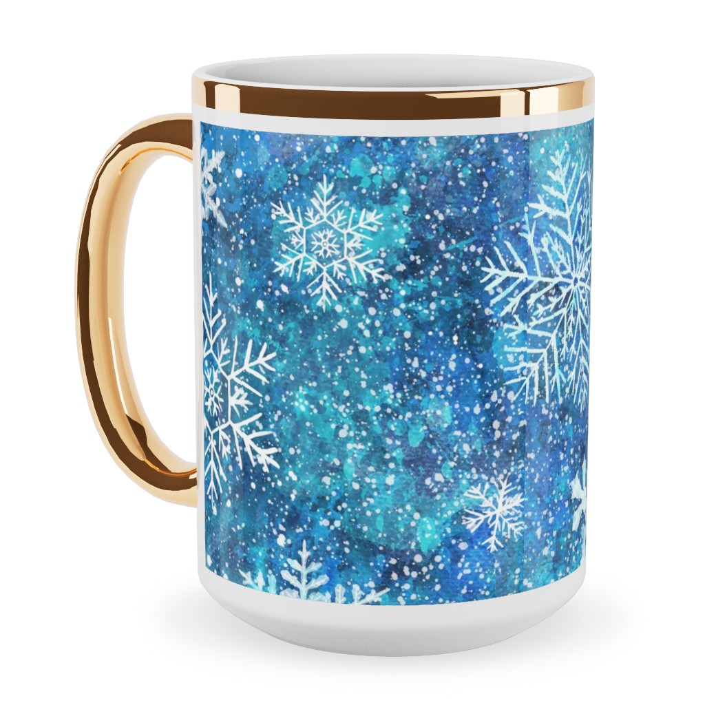 Whinsical Snowflakes Handpainted With Watercolors - Blue Ceramic Mug, Gold Handle,  , 15oz, Blue