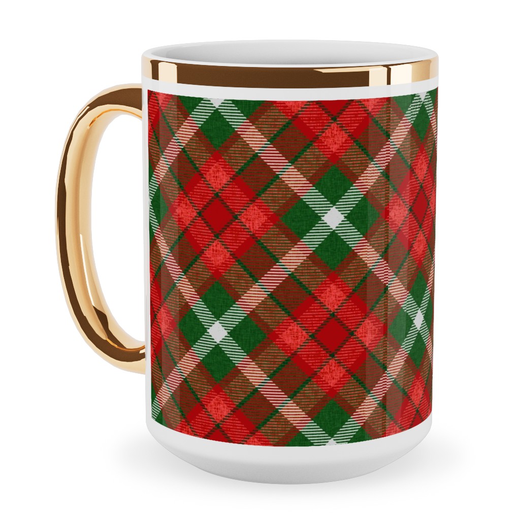 Christmas Plaid - Red and Green Ceramic Mug, Gold Handle,  , 15oz, Red