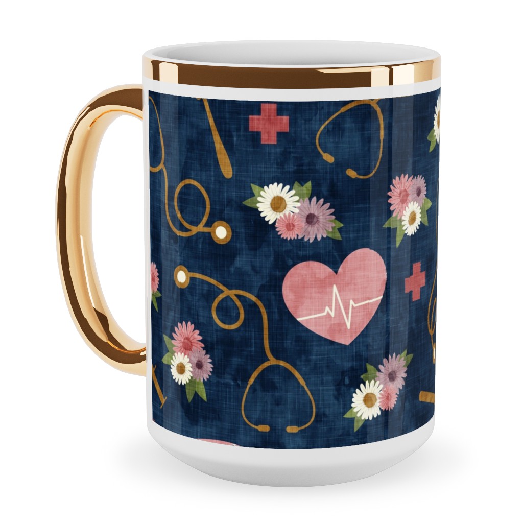Floral Nurse Melody - Nursing - Blue Ceramic Mug, Gold Handle, , 15oz, Pink, Bright Pink