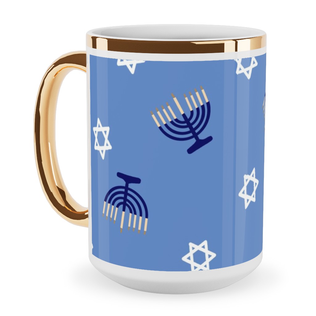 Hanukkah - Blue Ceramic Mug, Gold Handle, , 15oz, Blue, True Blue
