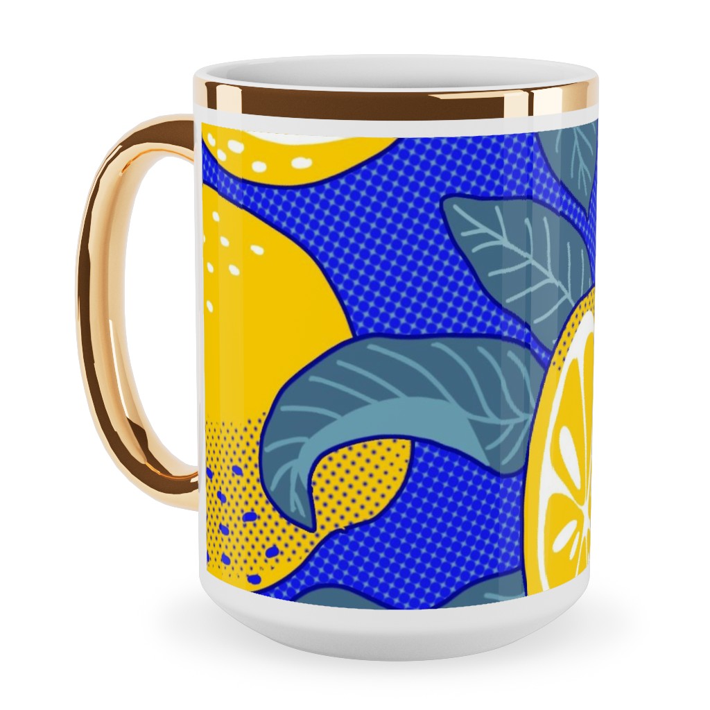 Lemons Pop Art - Blue and Yellow Ceramic Mug, Gold Handle,  , 15oz, Yellow