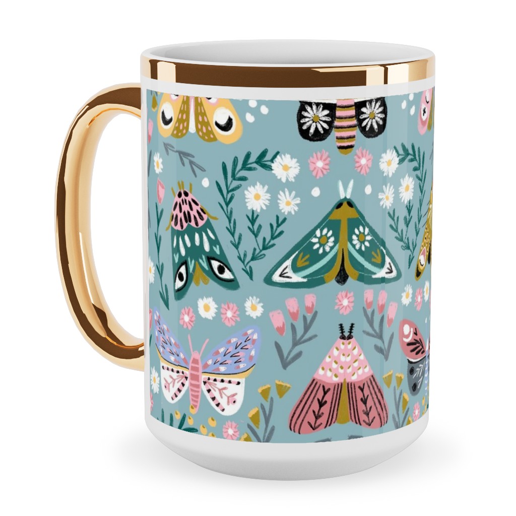 Spring Floral and Butterflies - Blue Ceramic Mug, Gold Handle, , 15oz, Multicolor
