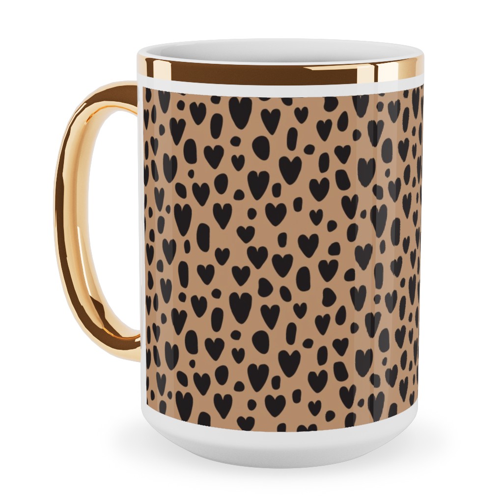 Leopard Hearts - Brown Ceramic Mug, Gold Handle, , 15oz, Brown, Brown