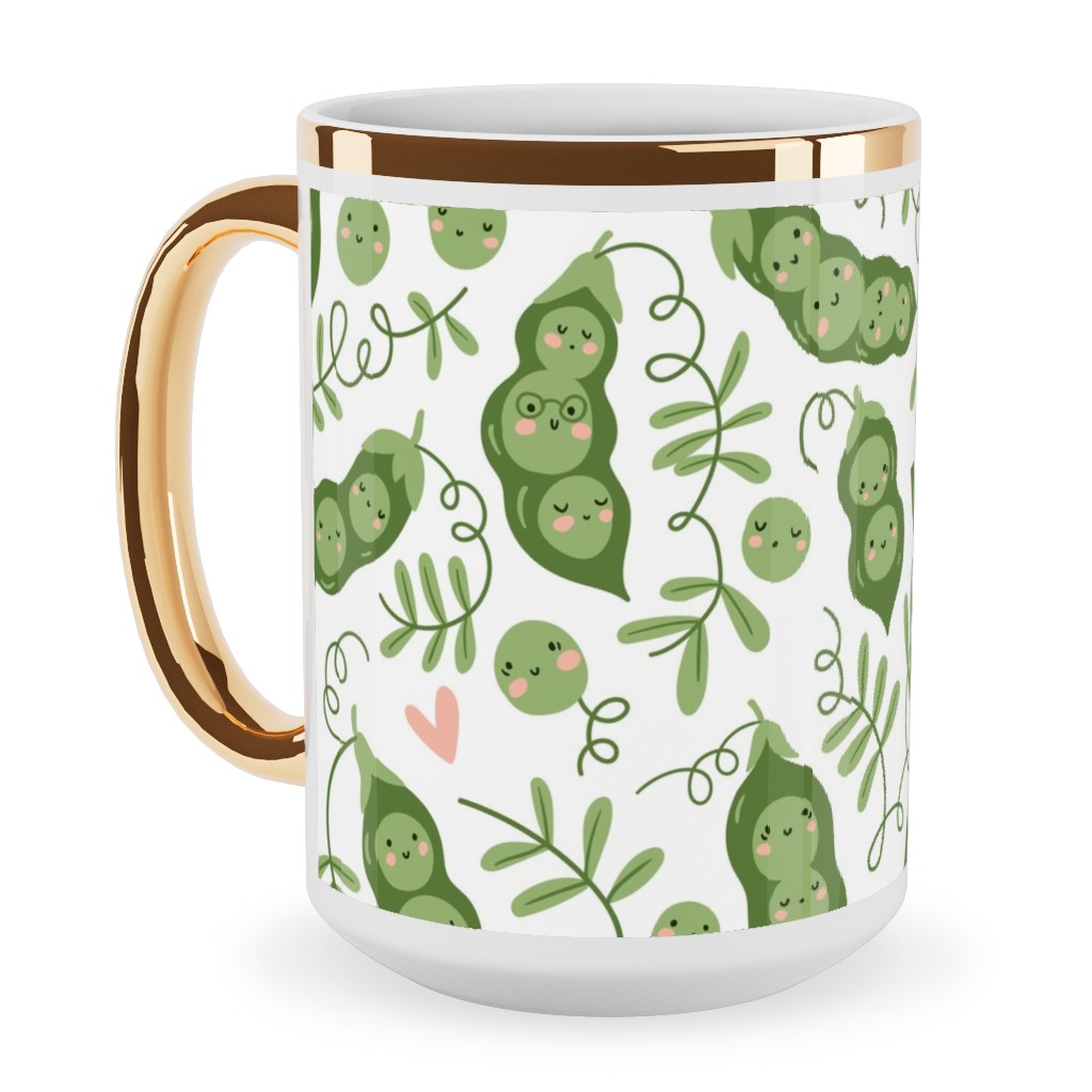Cute Peas - Green Ceramic Mug, Gold Handle,  , 15oz, Green
