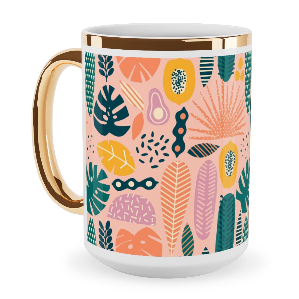 Hawaii Floral - Pink Ceramic Mug, Gold Handle,  , 15oz, Multicolor