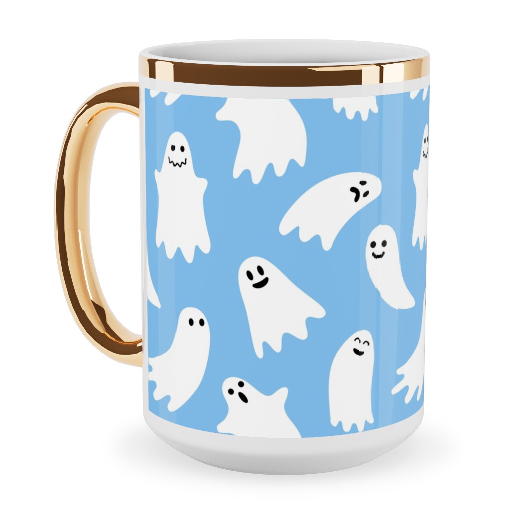 Cute Ghosts - Blue Ceramic Mug, Gold Handle, , 15oz, Blue, True Blue