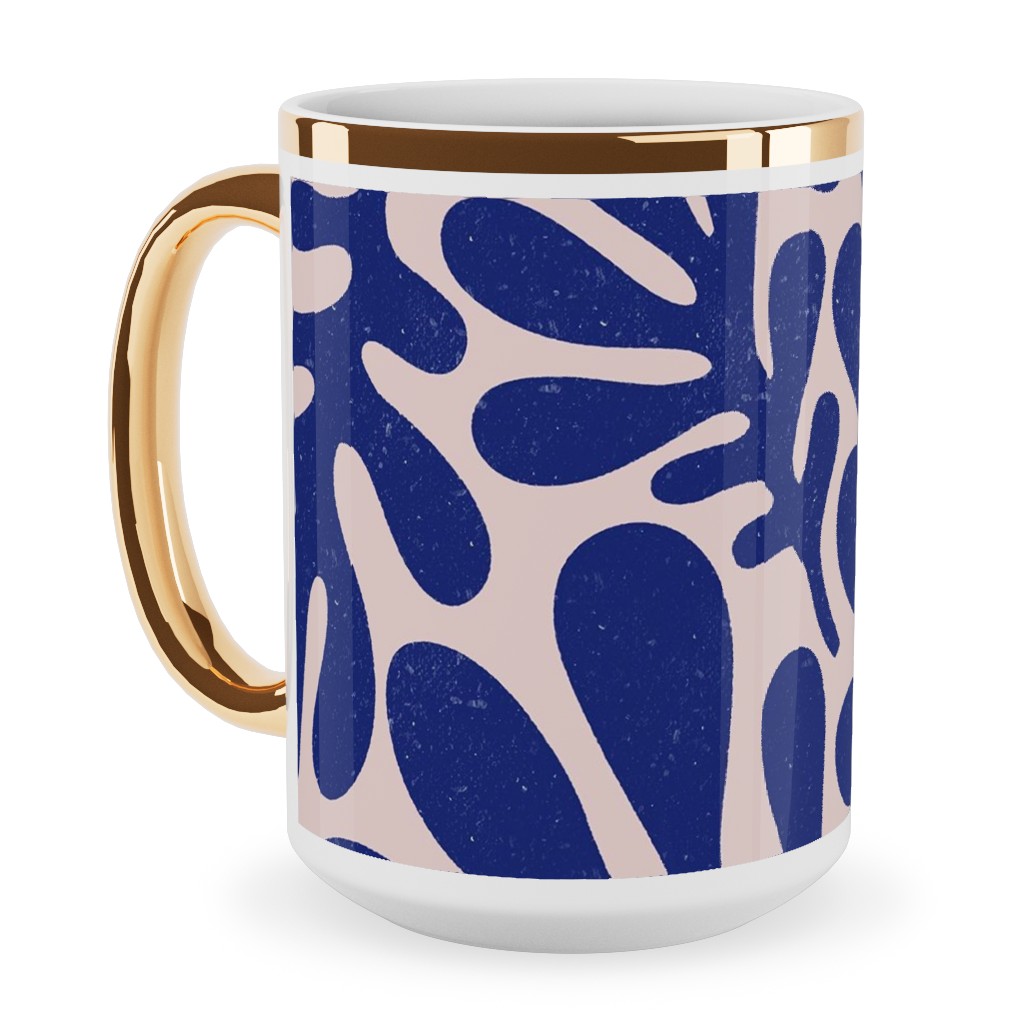 Organic Leaves - Blue Ceramic Mug, Gold Handle, , 15oz, Blue, True Blue