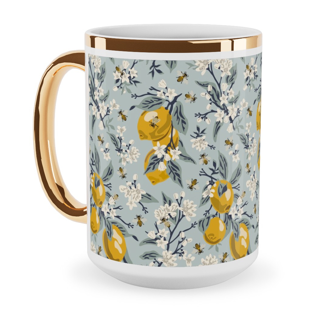 Bees & Lemons - Blue Ceramic Mug, Gold Handle, , 15oz, Blue, True Blue